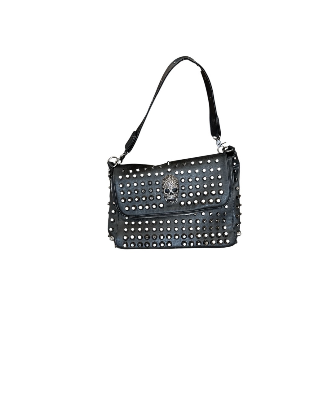 Black Studded Shoulder Bag with Skull Detail